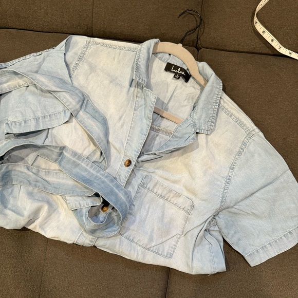 Lulus-It's A Tie Blue Chambray Belted Shirt Dress EUC - Picture 5 of 7